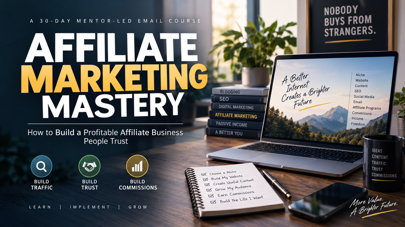 Affiliate Marketing Mastery: a 30-day mentor-led email course on niche, website, content, traffic, trust and commissions.