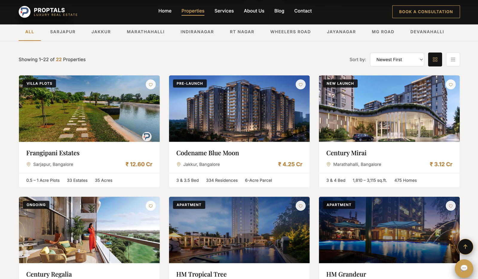 Proptals properties listing page with location filters and property cards