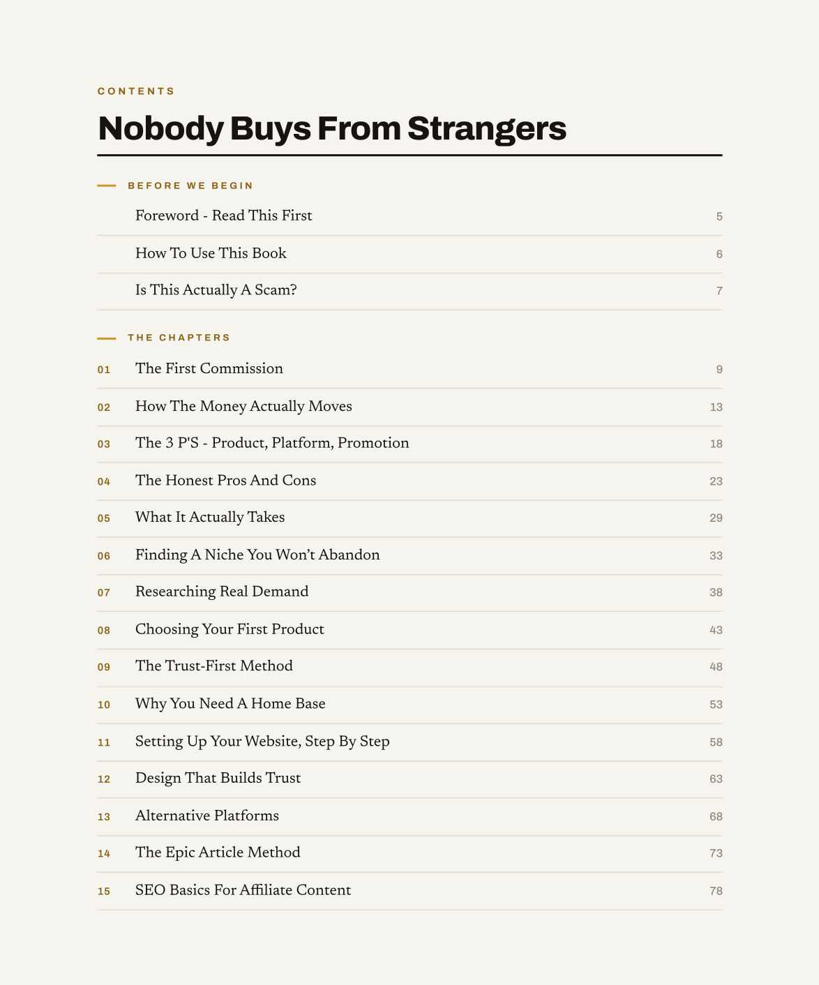 Nobody Buys From Strangers sample page: table of contents