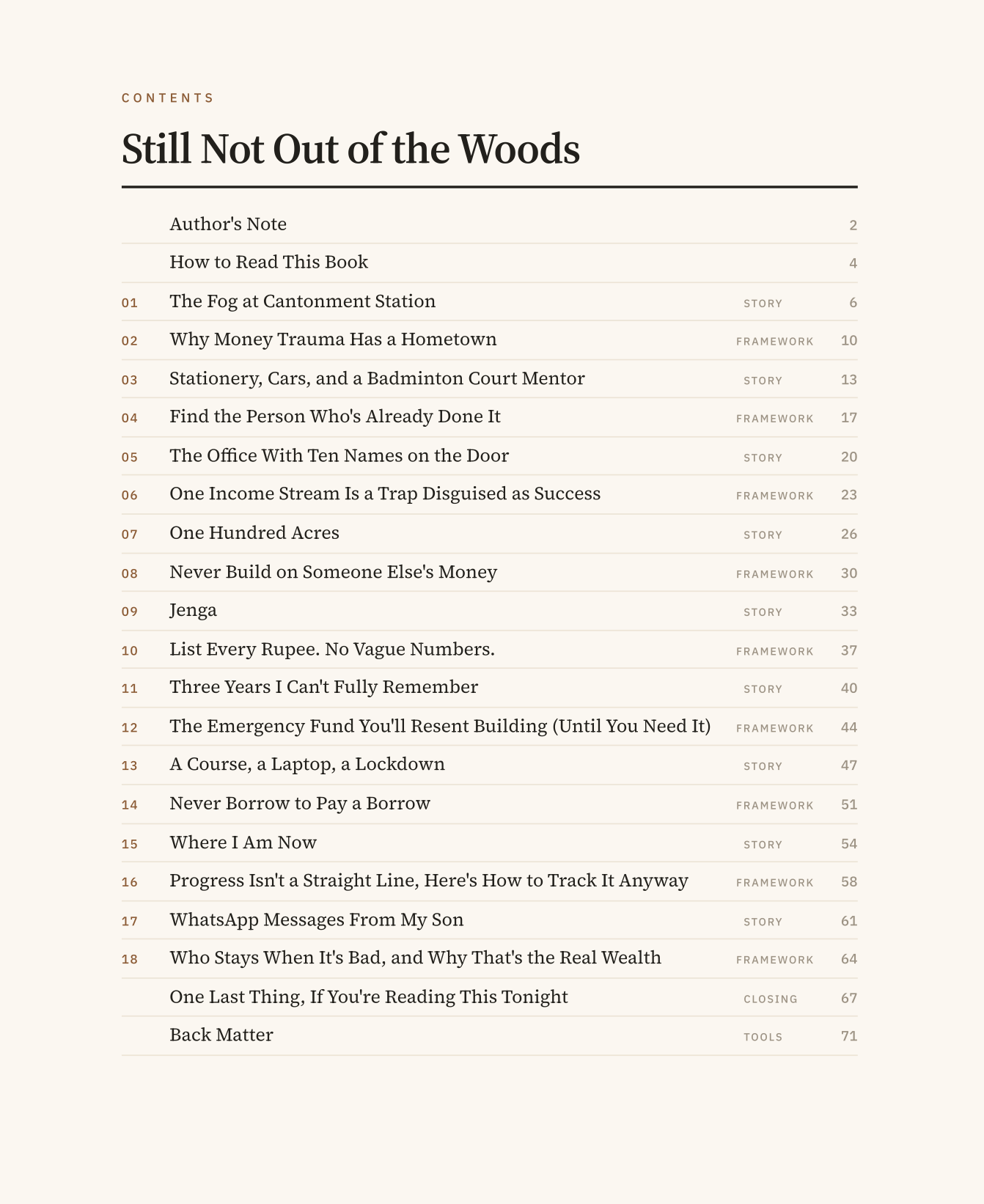Still Not Out of the Woods sample page: table of contents