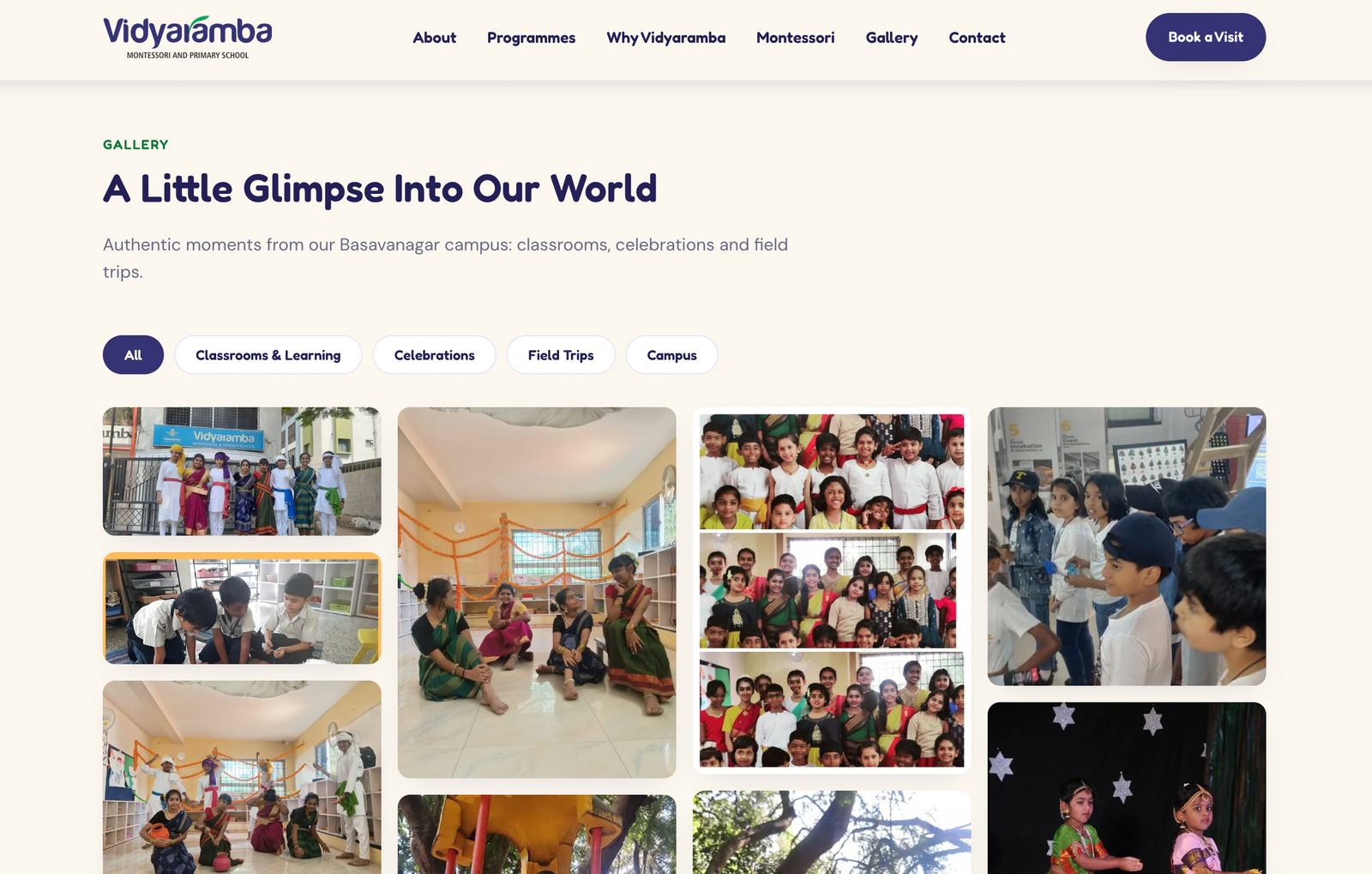Vidyaramba gallery page: A Little Glimpse Into Our World, with filters for classrooms, celebrations, field trips and campus.